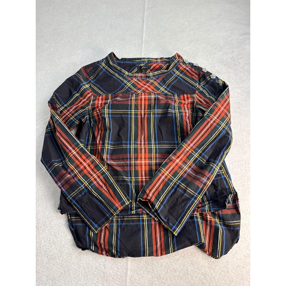J.Crew Funnelneck Shirt Women's 6 Stewart Tartan Plaid 100% Cotton Jeweled